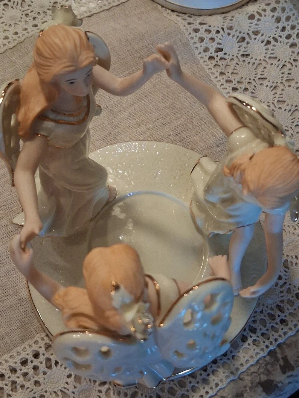 Vintage Dillards Three Dancing Angels Pillar Christmas Candle Holder Porcelain